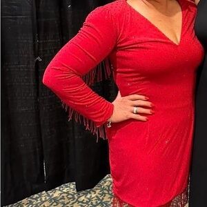 Jovani Red V-Neck Long-Sleeve Fringe Dress